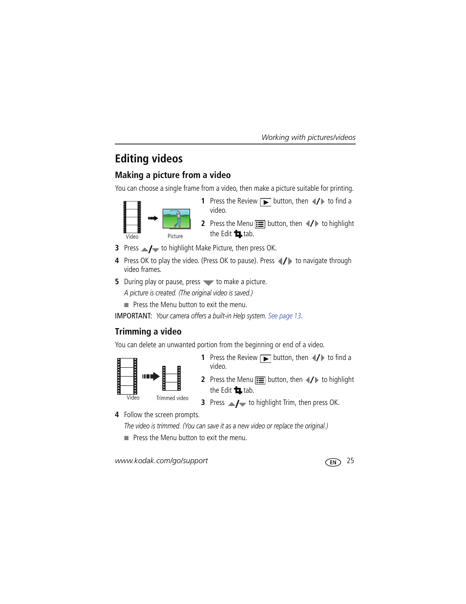Editing videos, Making a picture from a video, Trimming a video | Kodak Z915 User Manual | Page 31 / 74