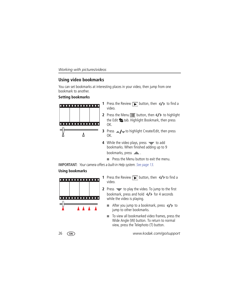 Setting bookmarks, Using bookmarks | Kodak Z915 User Manual | Page 32 / 74