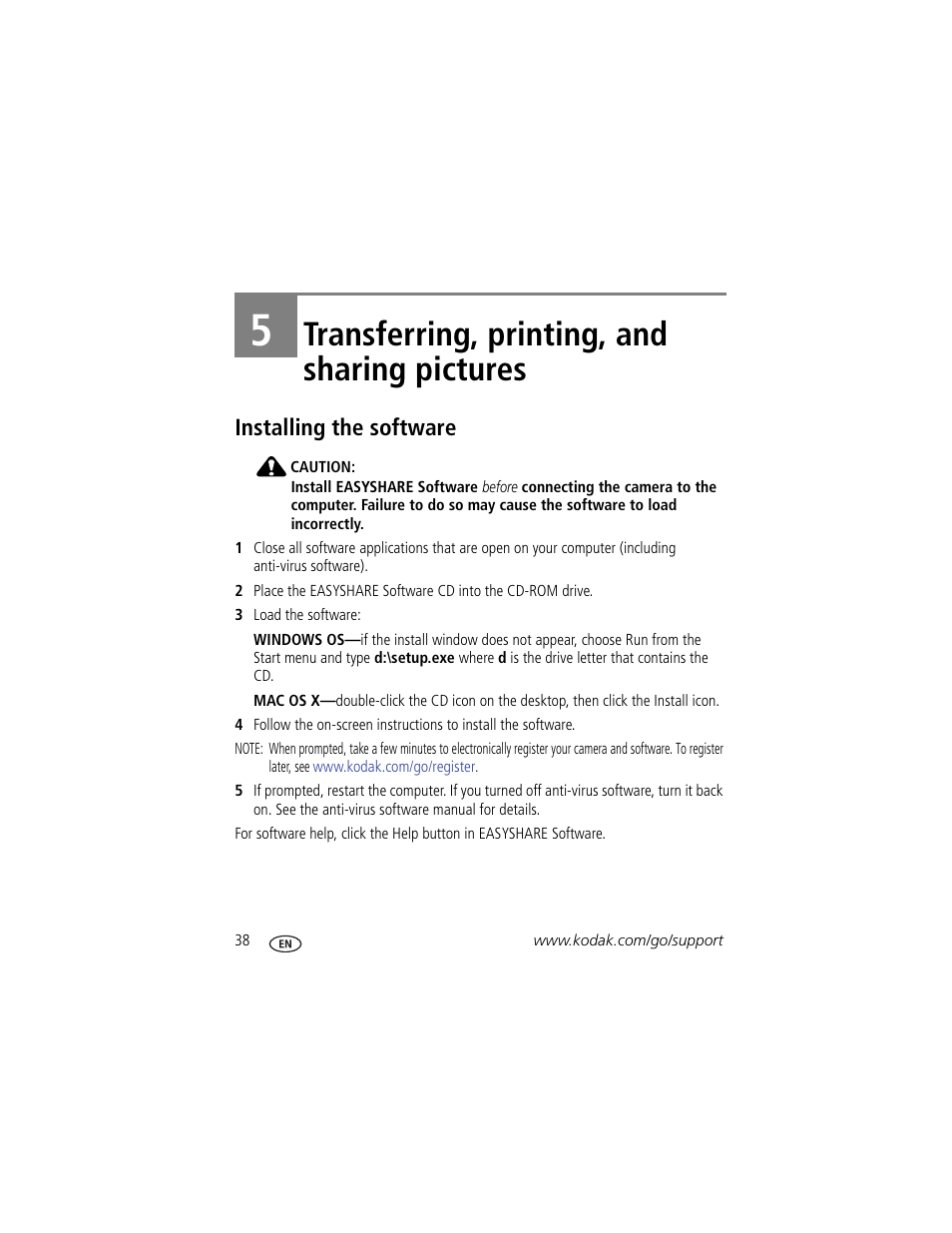 Transferring, printing, and sharing pictures, Installing the software, 5 transferring, printing, and sharing pictures | Kodak Z915 User Manual | Page 44 / 74