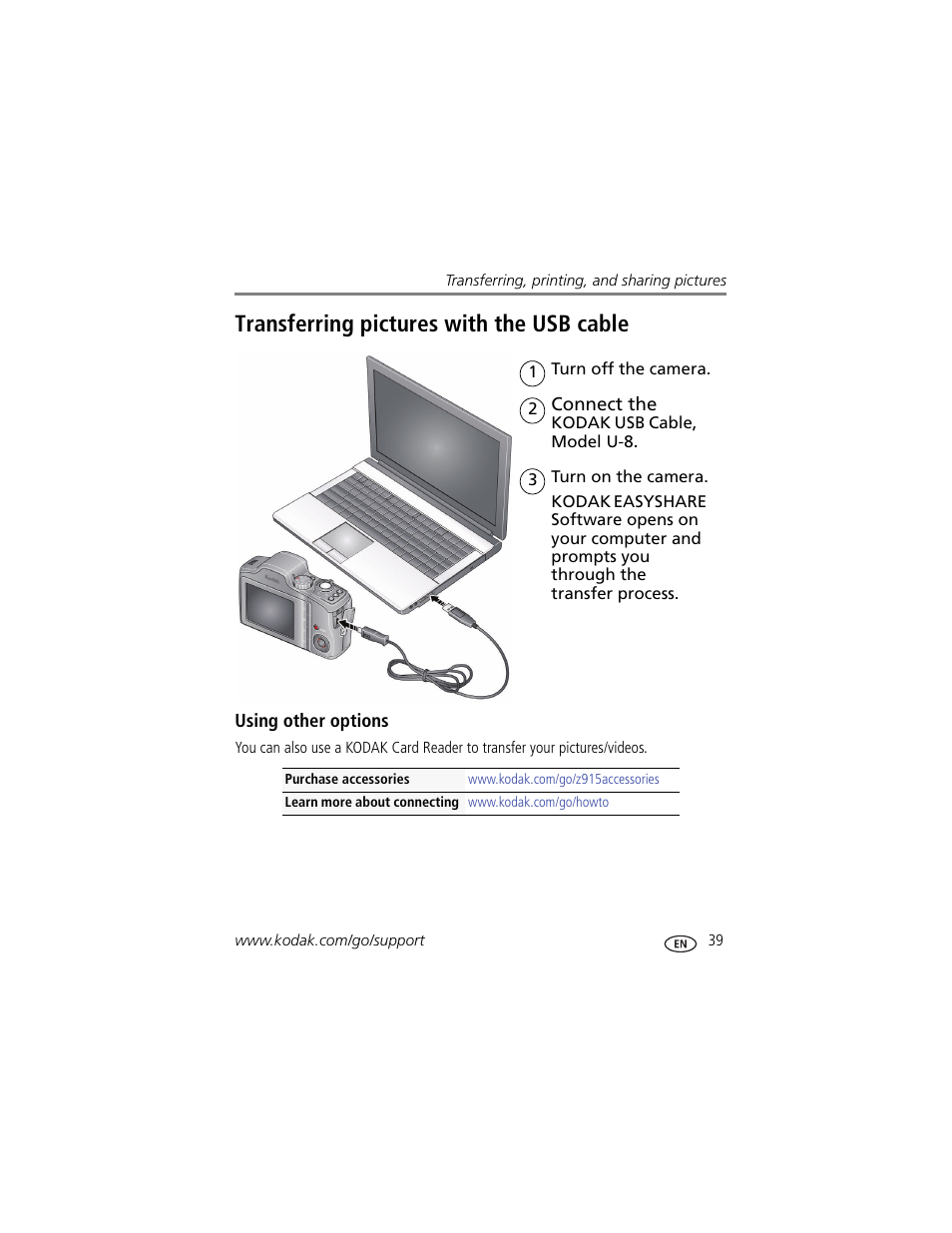 Transferring pictures with the usb cable, Using other options | Kodak Z915 User Manual | Page 45 / 74