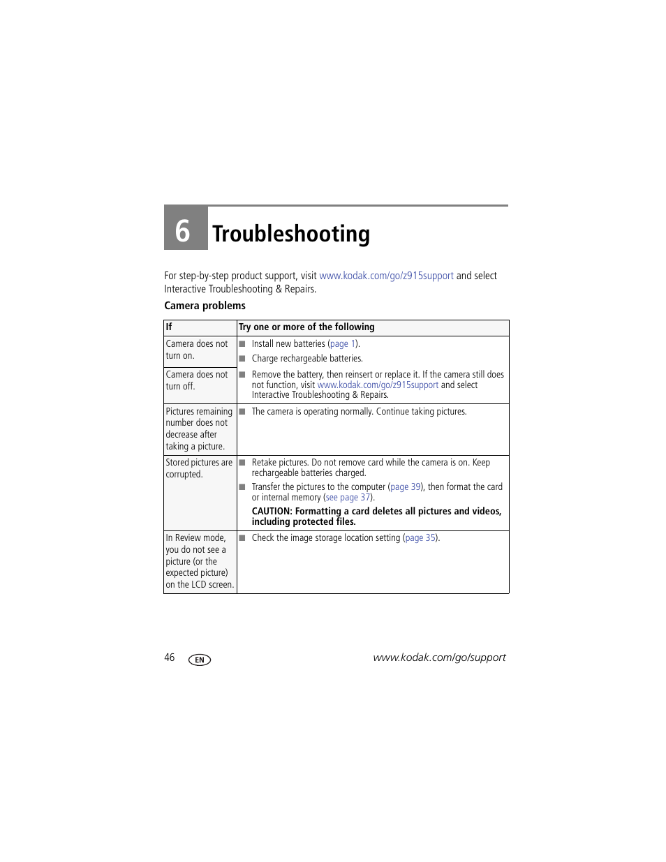 Troubleshooting, 6 troubleshooting | Kodak Z915 User Manual | Page 52 / 74