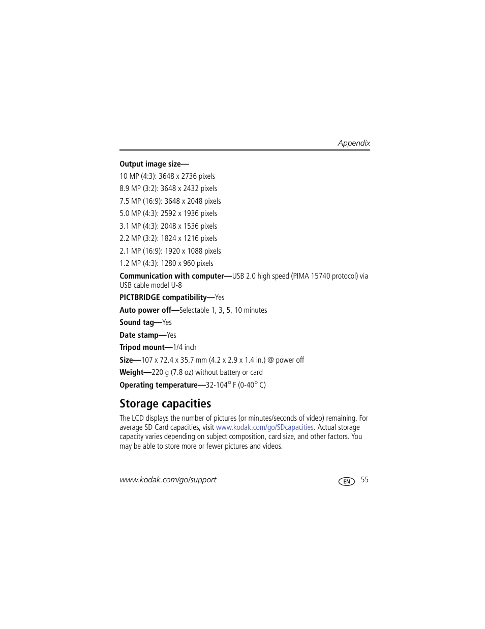 Storage capacities | Kodak Z915 User Manual | Page 61 / 74