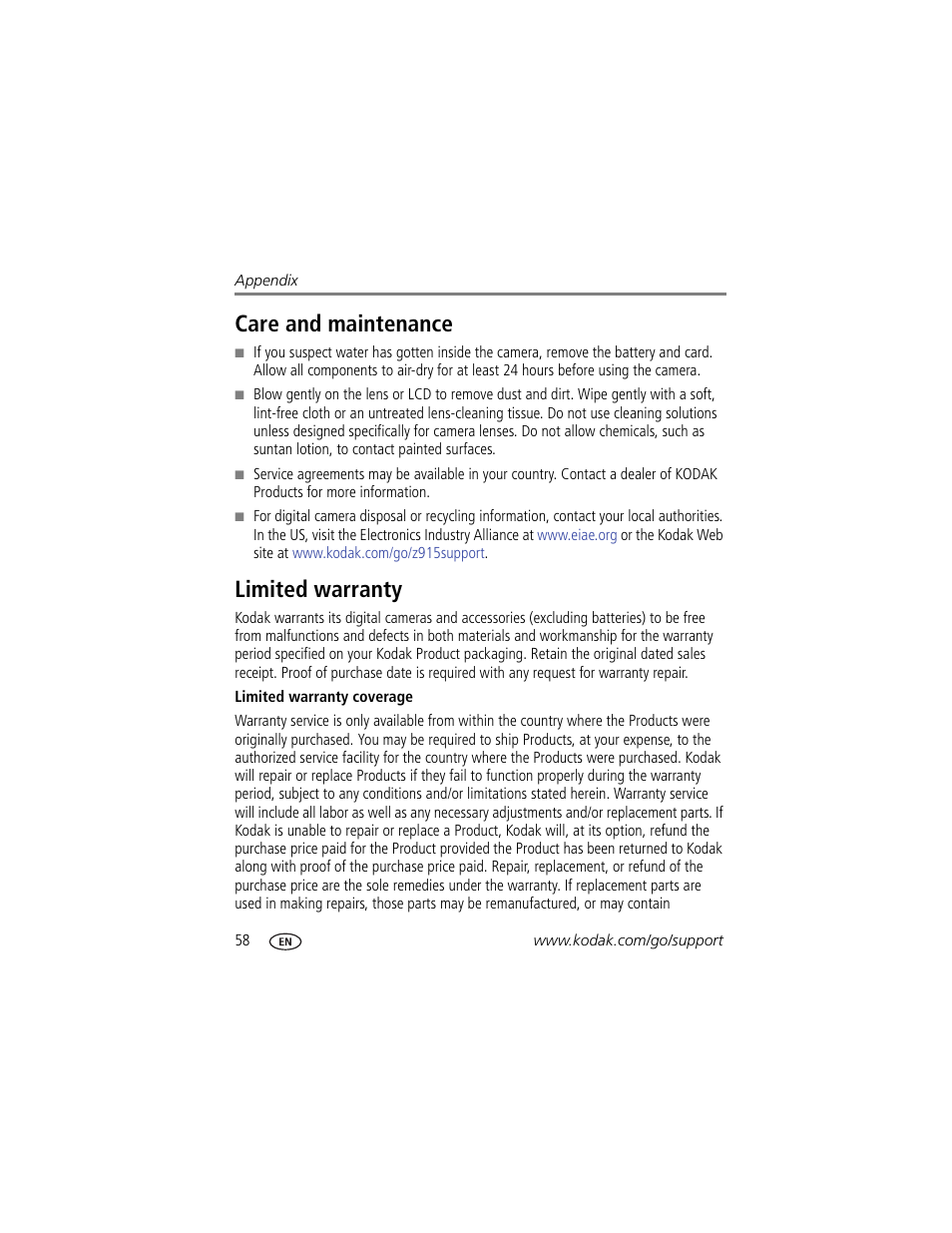 Care and maintenance, Limited warranty, Care and maintenance limited warranty | E lens | Kodak Z915 User Manual | Page 64 / 74