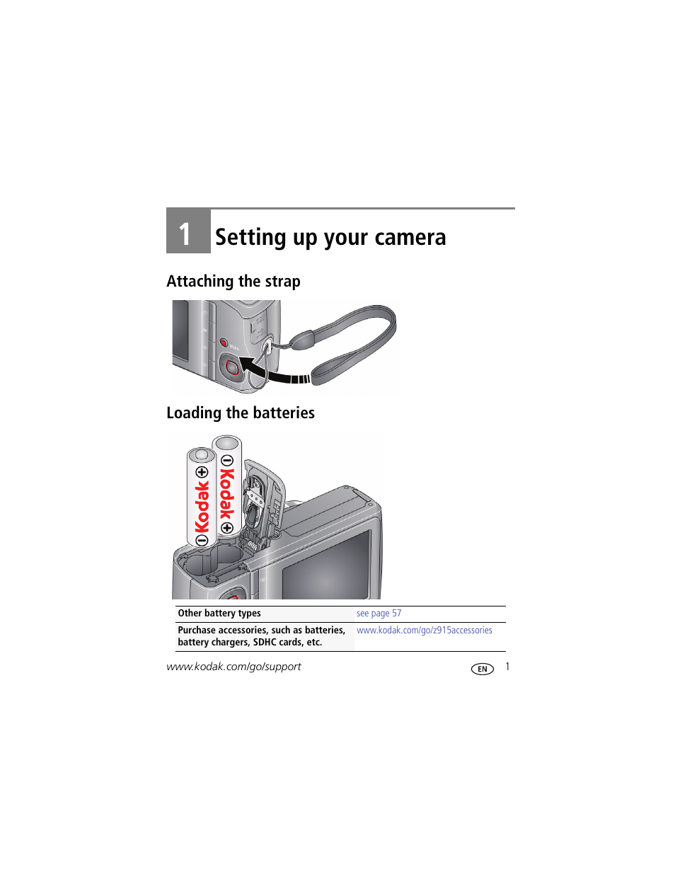 Setting up your camera, Attaching the strap, Loading the batteries | 1 setting up your camera, Attaching the strap loading the batteries | Kodak Z915 User Manual | Page 7 / 74