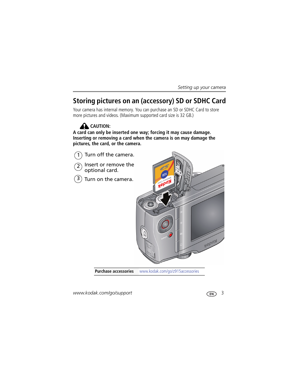 Storing pictures on an (accessory) sd or sdhc card | Kodak Z915 User Manual | Page 9 / 74