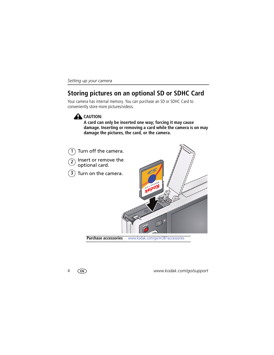 Storing pictures on an optional sd or sdhc card | Kodak M381 User Manual | Page 10 / 66