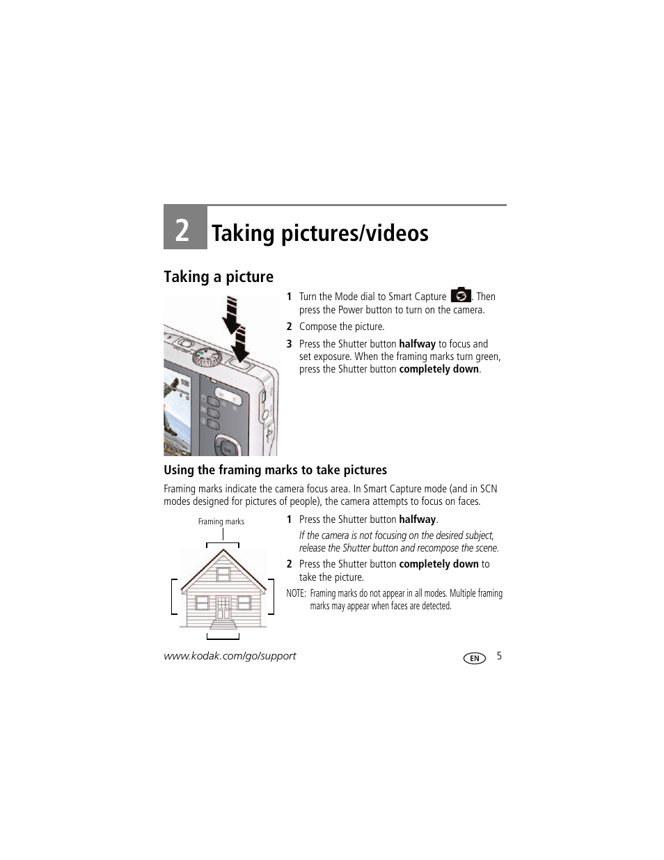 Taking pictures/videos, Taking a picture, Using the framing marks to take pictures | 2 taking pictures/videos | Kodak M381 User Manual | Page 11 / 66