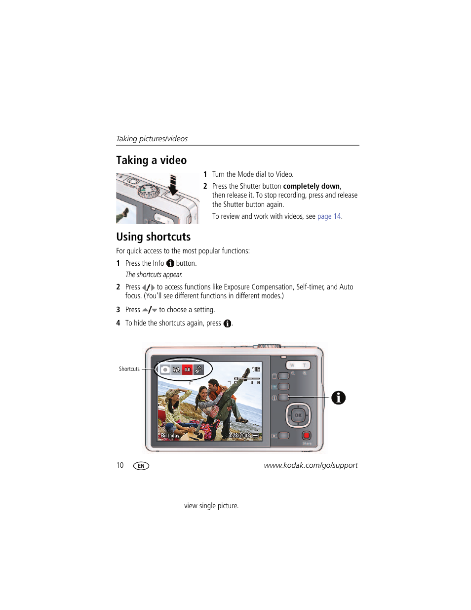 Taking a video, Using shortcuts, Taking a video using shortcuts | Kodak M381 User Manual | Page 16 / 66