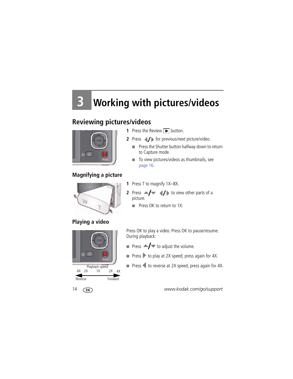 Working with pictures/videos, Reviewing pictures/videos, Magnifying a picture | Playing a video, 3 working with pictures/videos | Kodak M381 User Manual | Page 20 / 66