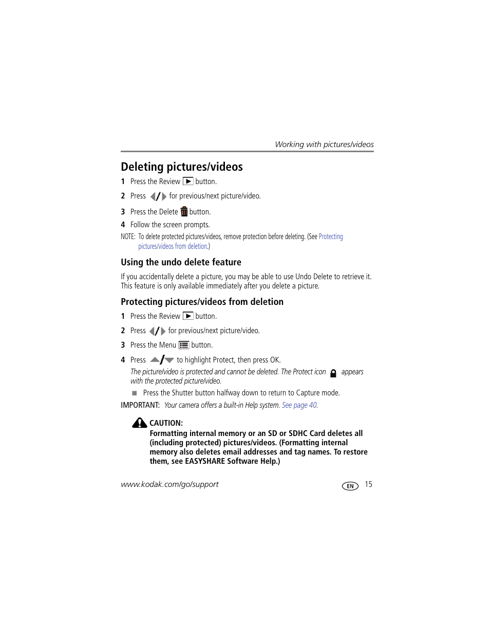 Deleting pictures/videos, Using the undo delete feature, Protecting pictures/videos from deletion | Kodak M381 User Manual | Page 21 / 66