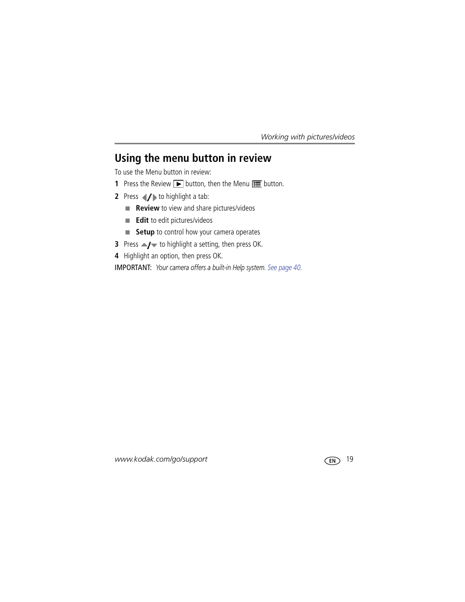 Using the menu button in review | Kodak M381 User Manual | Page 25 / 66