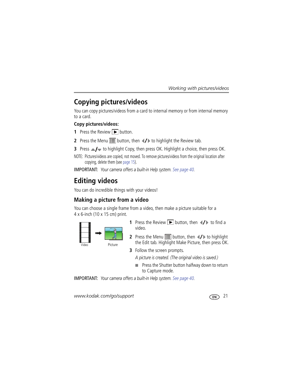 Copying pictures/videos, Editing videos, Making a picture from a video | Copying pictures/videos editing videos | Kodak M381 User Manual | Page 27 / 66