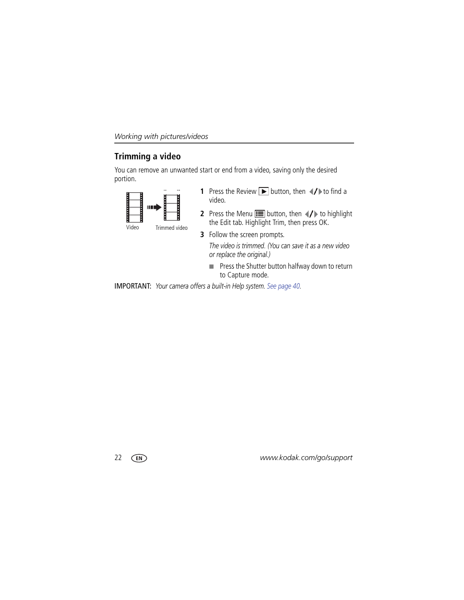 Trimming a video | Kodak M381 User Manual | Page 28 / 66