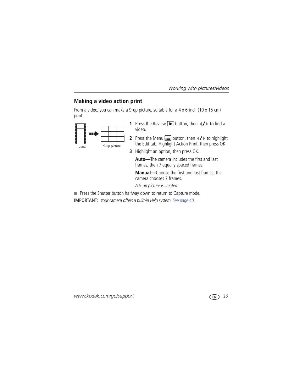 Making a video action print | Kodak M381 User Manual | Page 29 / 66