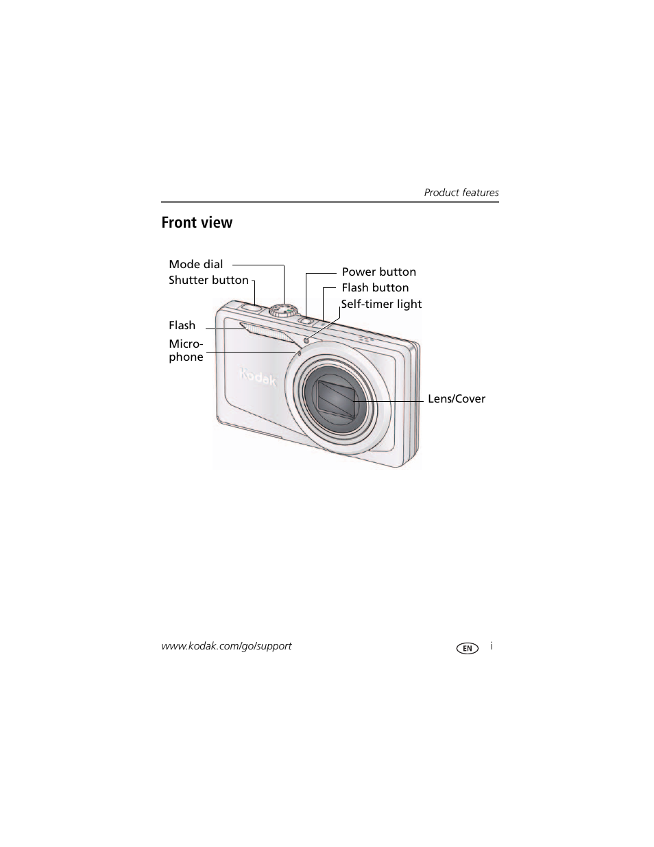 Product features, Front view | Kodak M381 User Manual | Page 3 / 66