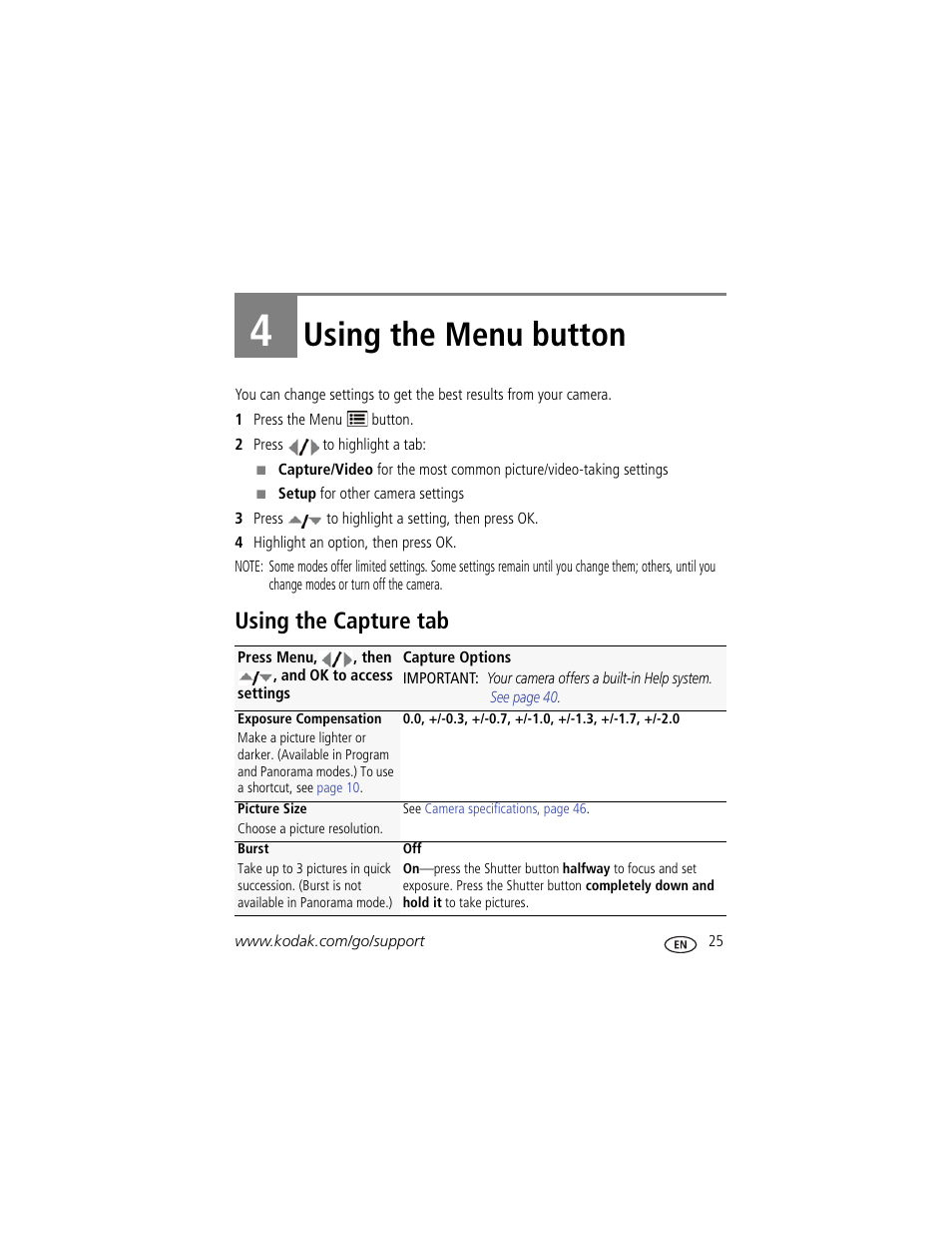 Using the menu button, Using the capture tab, 4 using the menu button | Kodak M381 User Manual | Page 31 / 66