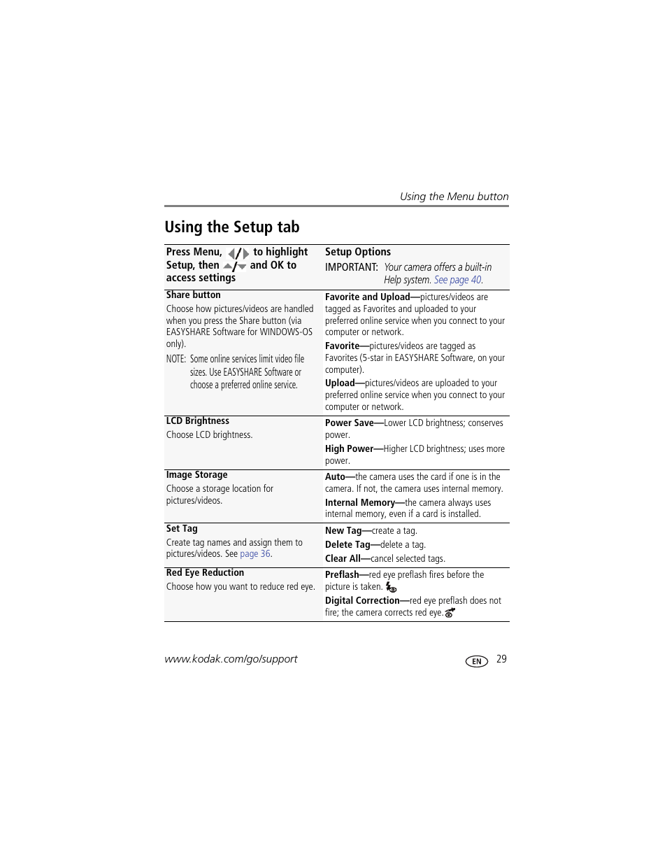 Using the setup tab | Kodak M381 User Manual | Page 35 / 66