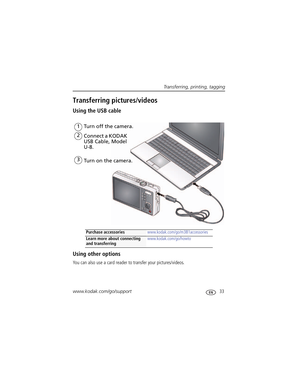 Transferring pictures/videos, Using the usb cable, Using other options | Kodak M381 User Manual | Page 39 / 66