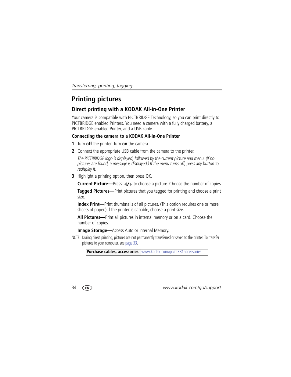 Printing pictures, Direct printing with a kodak all-in-one printer | Kodak M381 User Manual | Page 40 / 66