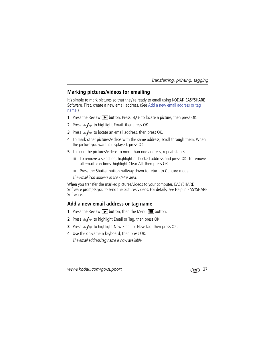 Marking pictures/videos for emailing, Add a new email address or tag name | Kodak M381 User Manual | Page 43 / 66