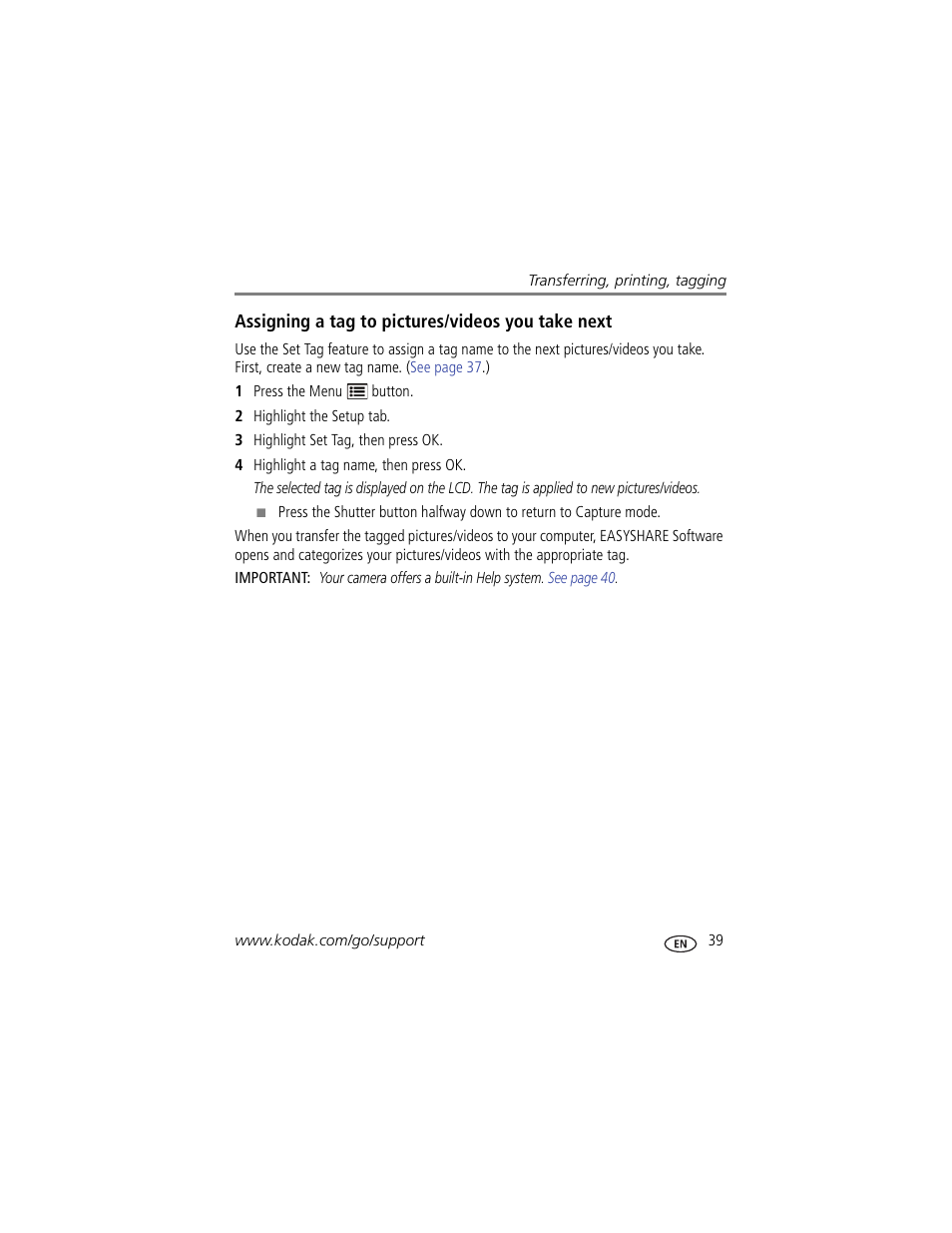 Assigning a tag to pictures/videos you take next | Kodak M381 User Manual | Page 45 / 66
