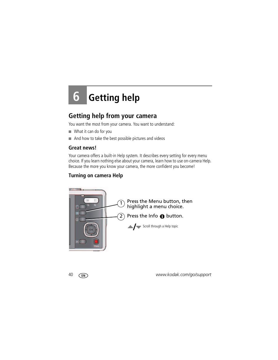 Getting help, Getting help from your camera, Great news | Turning on camera help, 6 getting help, Stem | Kodak M381 User Manual | Page 46 / 66