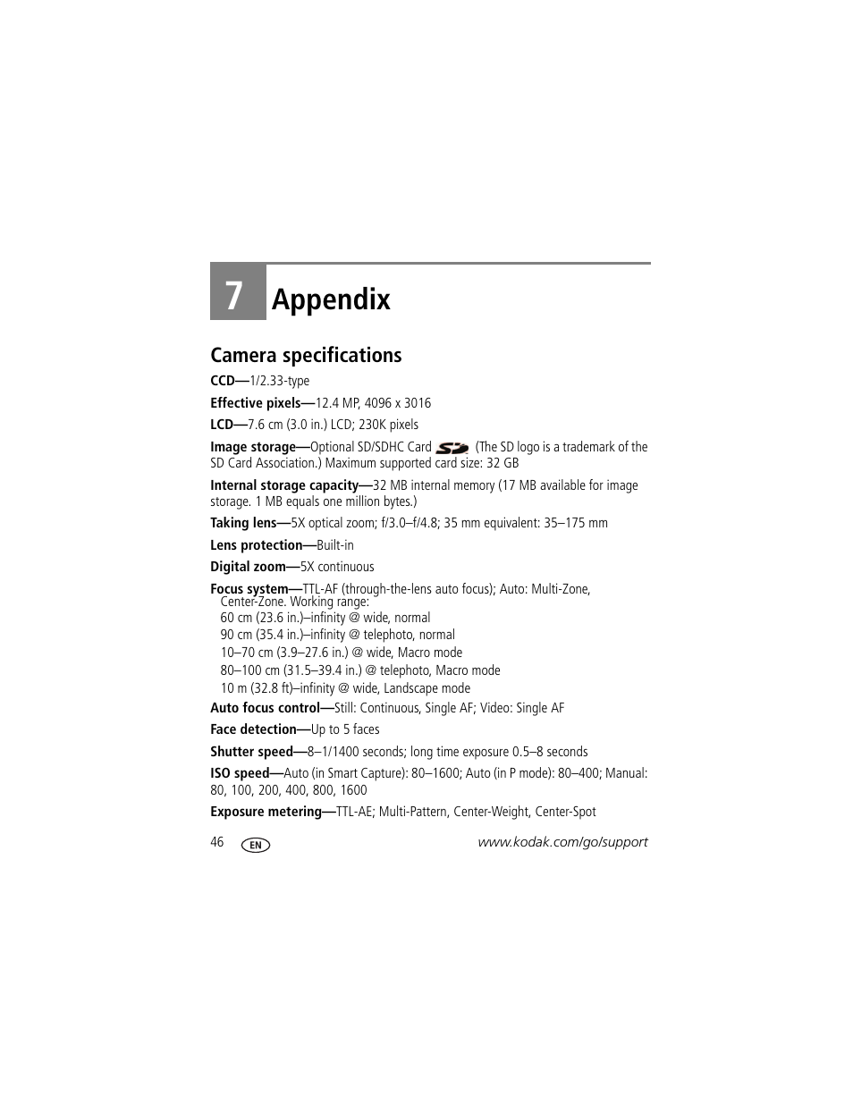 Appendix, Camera specifications, 7 appendix | Kodak M381 User Manual | Page 52 / 66