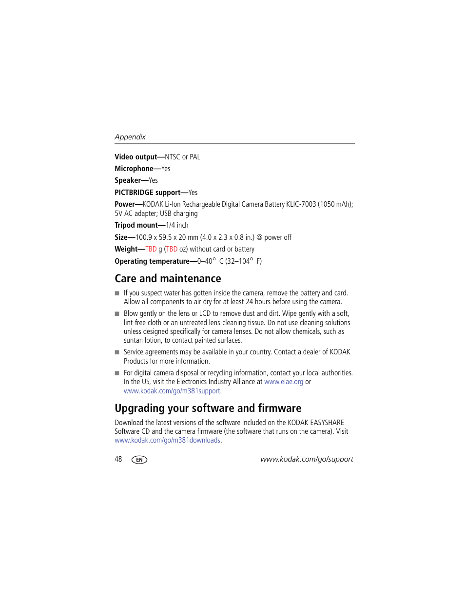 Care and maintenance, Upgrading your software and firmware, The lens | Kodak M381 User Manual | Page 54 / 66