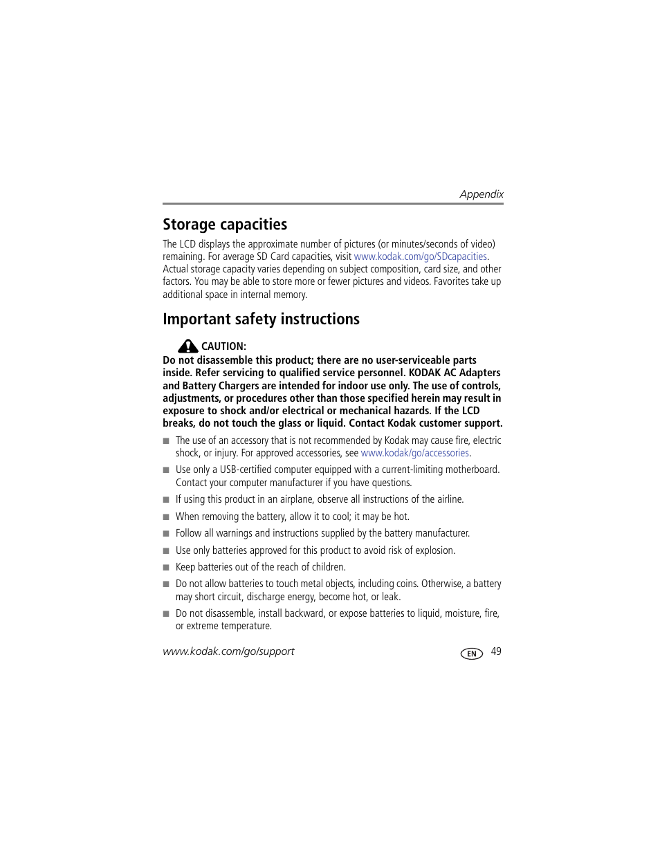 Storage capacities, Important safety instructions, Storage capacities important safety instructions | Kodak M381 User Manual | Page 55 / 66