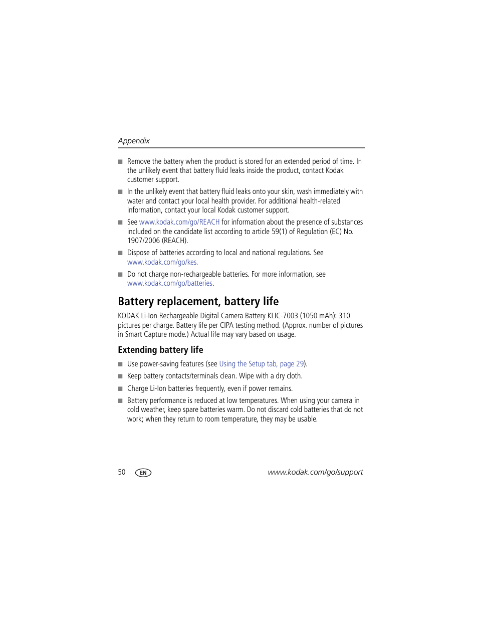 Battery replacement, battery life, Extending battery life, Alled | Kodak M381 User Manual | Page 56 / 66