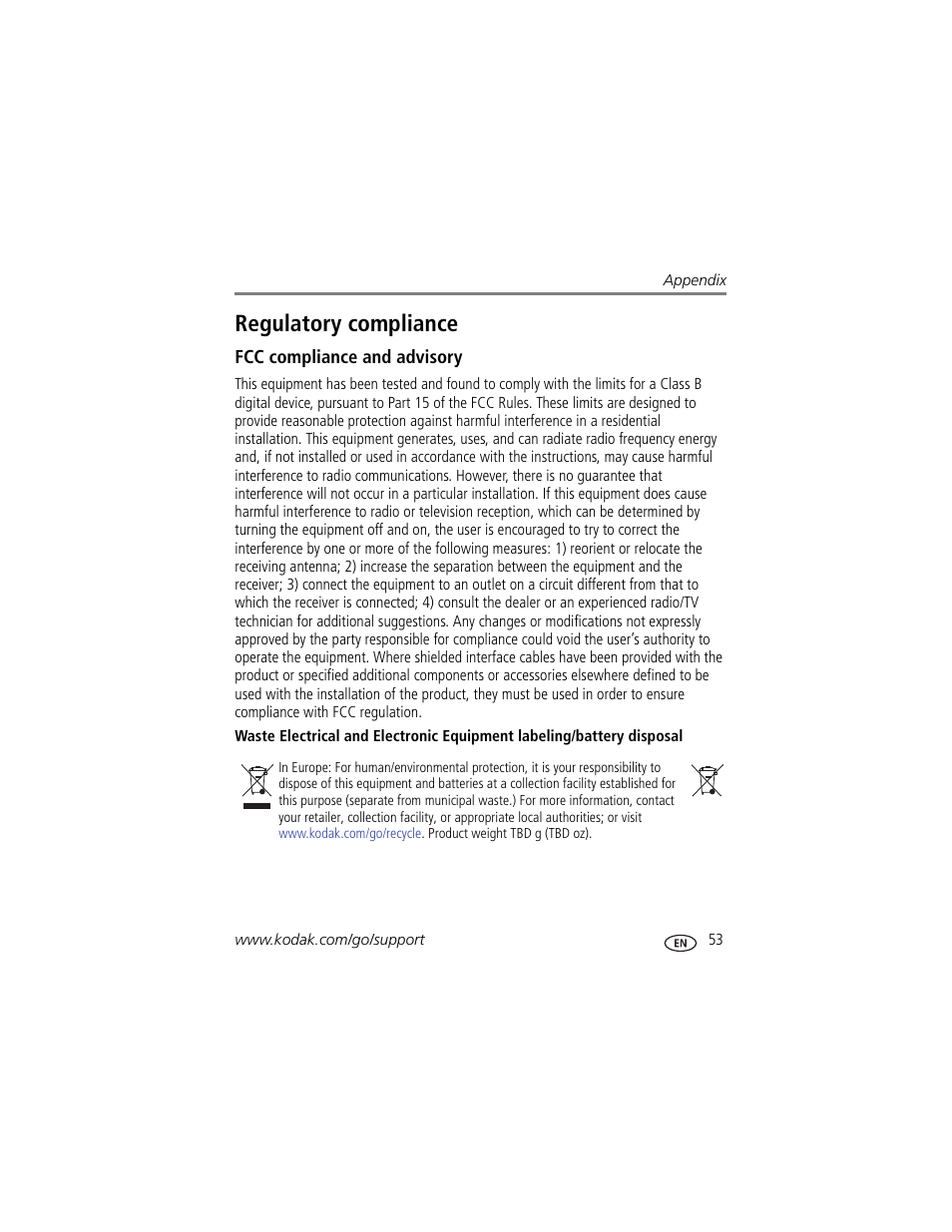 Regulatory compliance, Fcc compliance and advisory | Kodak M381 User Manual | Page 59 / 66