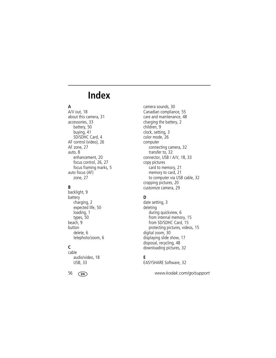 Index | Kodak M381 User Manual | Page 62 / 66