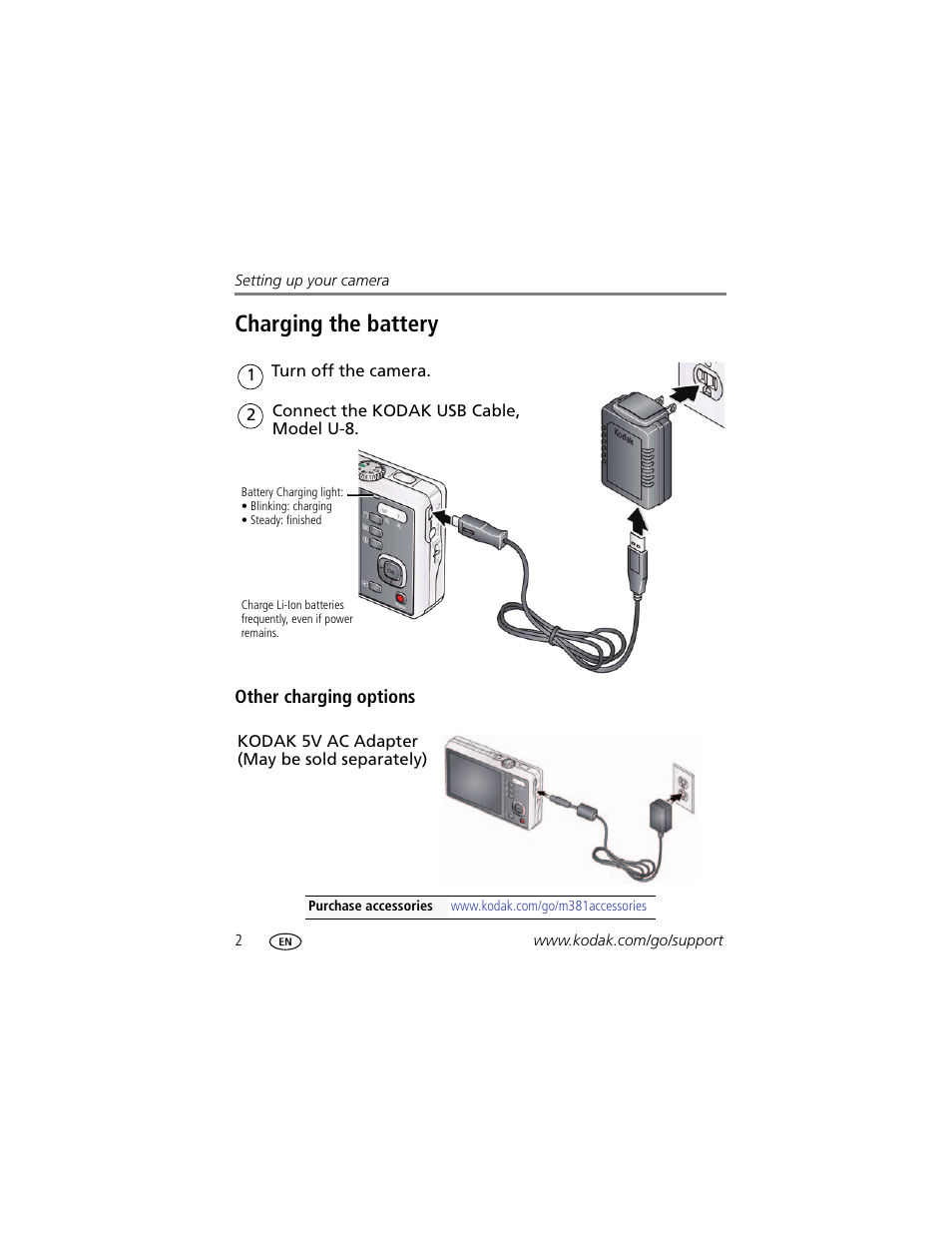Charging the battery, Other charging options | Kodak M381 User Manual | Page 8 / 66