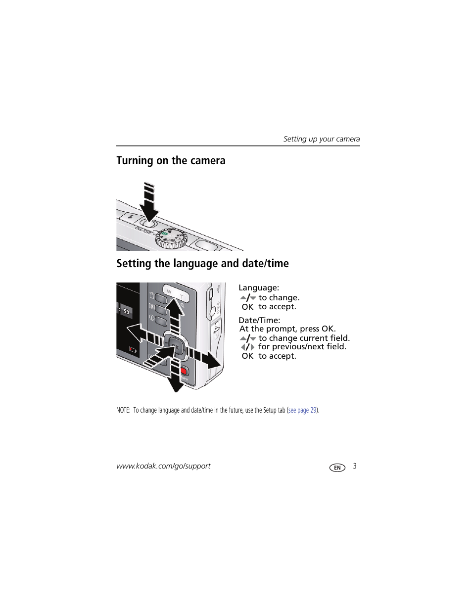 Turning on the camera, Setting the language and date/time | Kodak M381 User Manual | Page 9 / 66