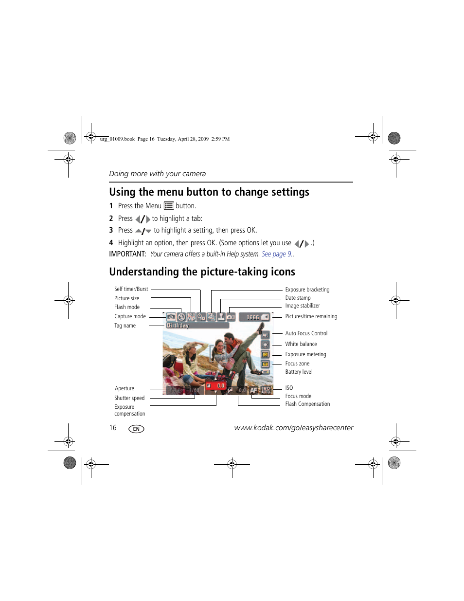 Using the menu button to change settings, Understanding the picture-taking icons | Kodak Z950 User Manual | Page 16 / 26