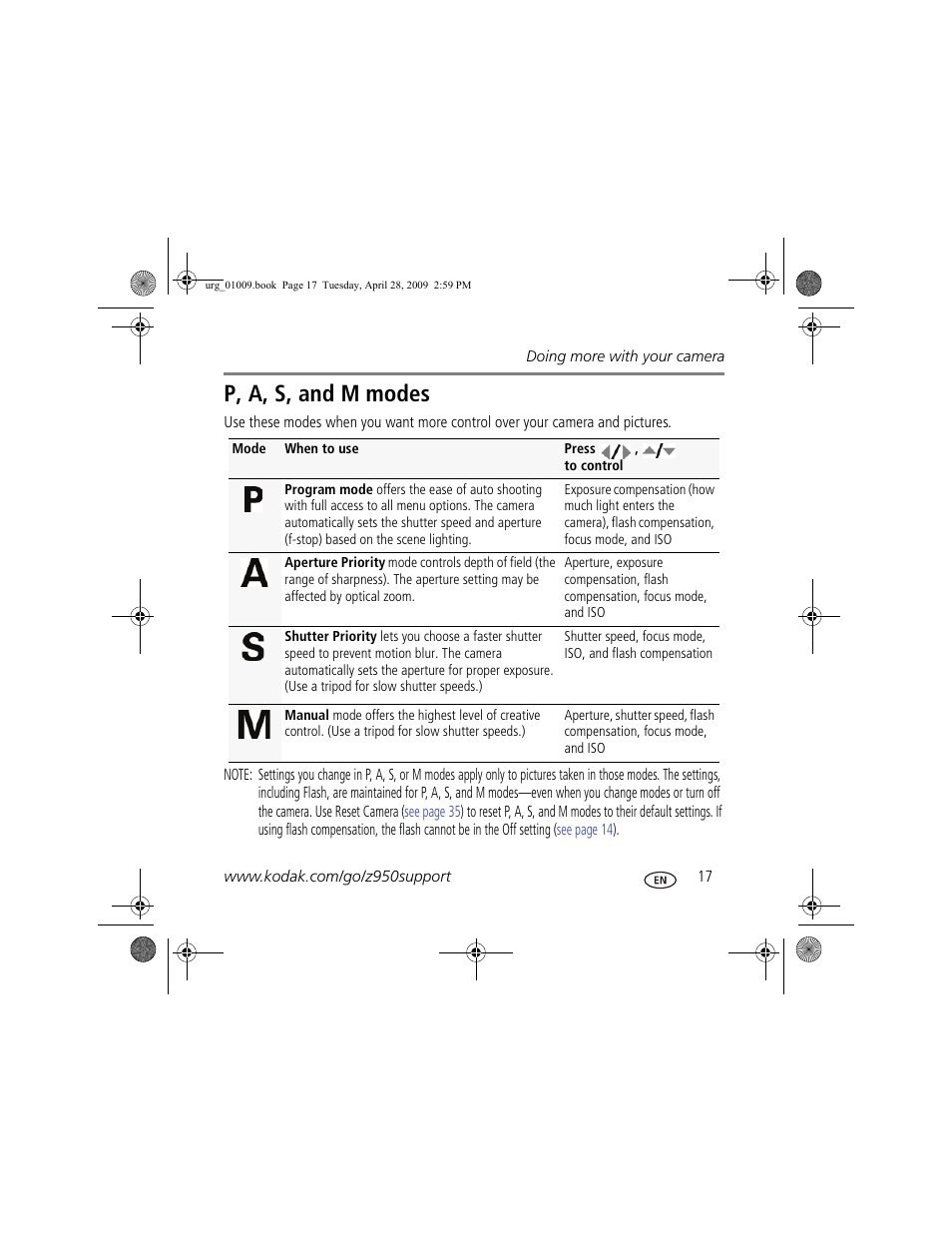 P, a, s, and m modes | Kodak Z950 User Manual | Page 17 / 26