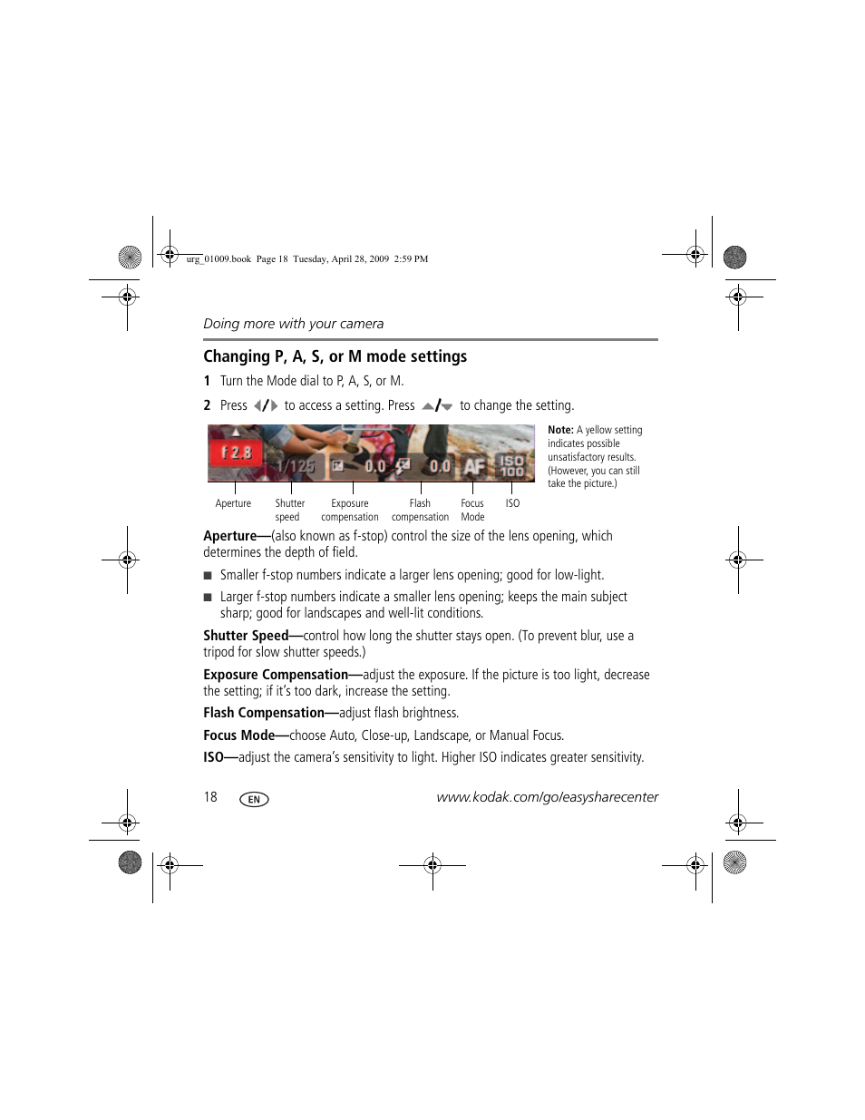Changing p, a, s, or m mode settings | Kodak Z950 User Manual | Page 18 / 26