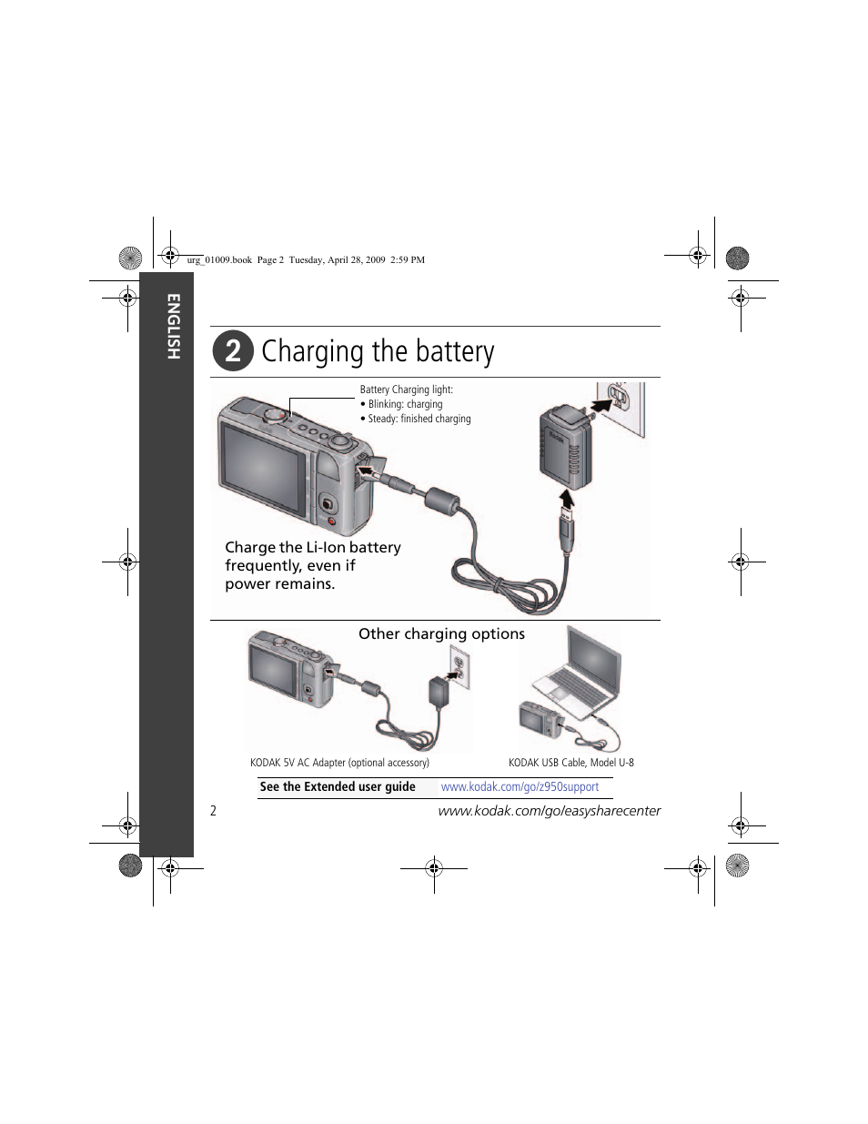 Charging the battery | Kodak Z950 User Manual | Page 2 / 26