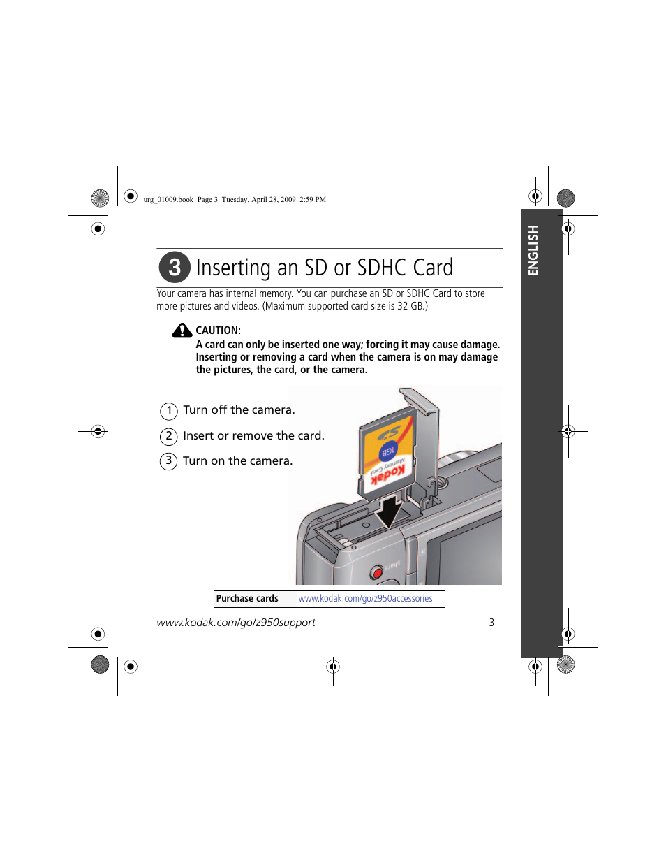 Inserting an sd or sdhc card | Kodak Z950 User Manual | Page 3 / 26
