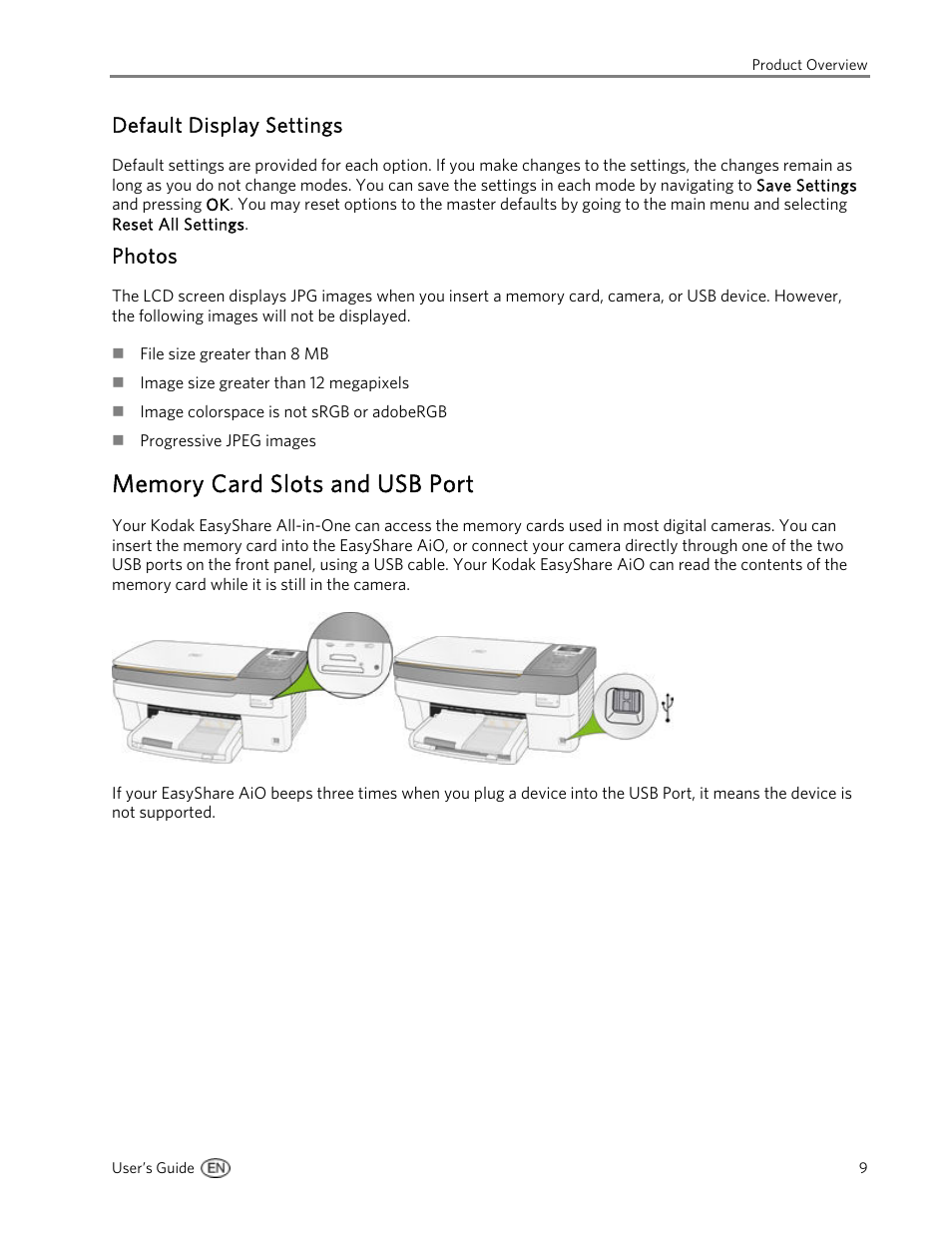 Default display settings, Photos, Memory card slots and usb port | Kodak 5300 User Manual | Page 13 / 106