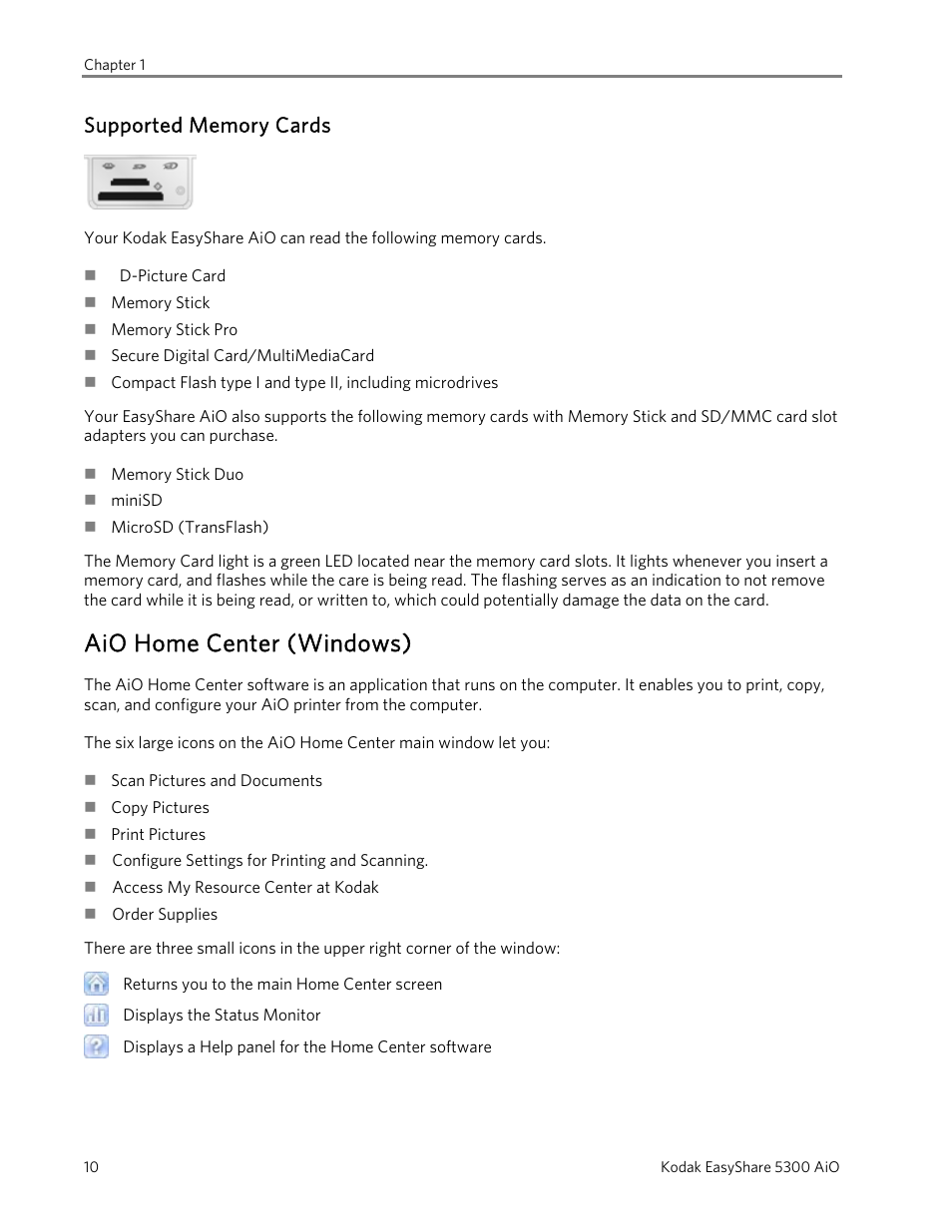 Supported memory cards, Aio home center (windows) | Kodak 5300 User Manual | Page 14 / 106