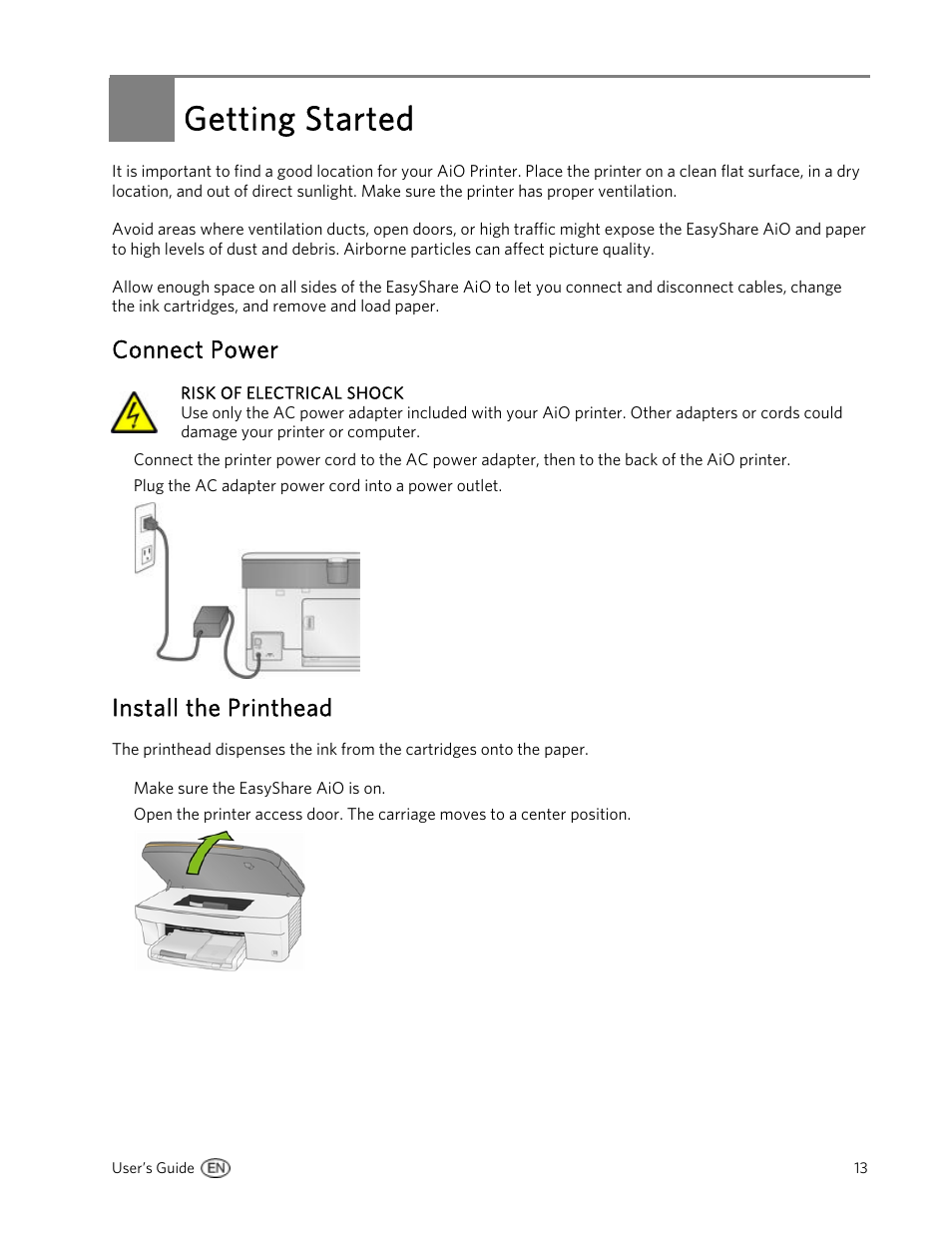 Getting started, Connect power, Install the printhead | Kodak 5300 User Manual | Page 17 / 106