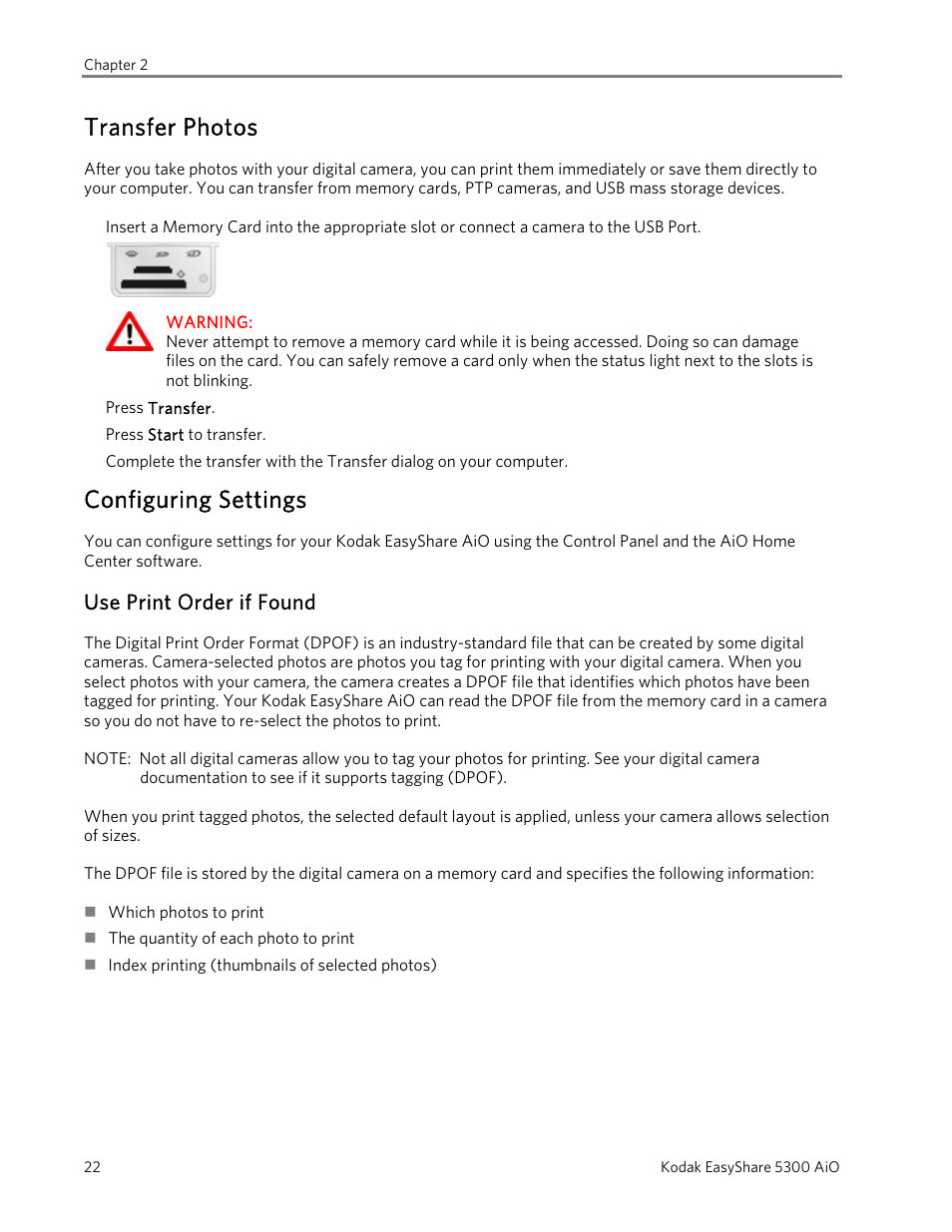 Transfer photos, Configuring settings, Use print order if found | Kodak 5300 User Manual | Page 26 / 106