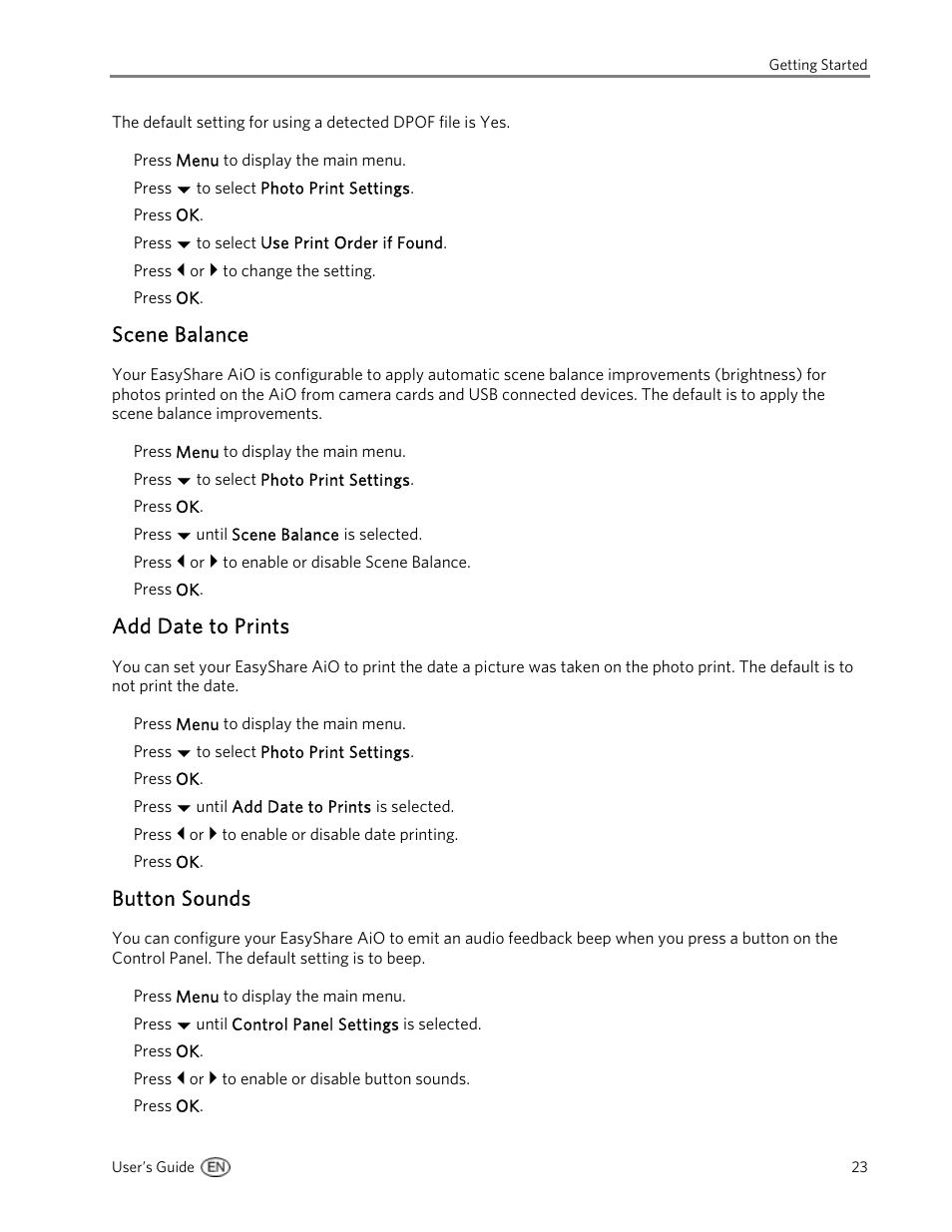 Scene balance, Add date to prints, Button sounds | Kodak 5300 User Manual | Page 27 / 106