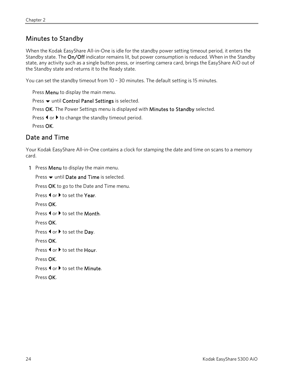 Minutes to standby, Date and time | Kodak 5300 User Manual | Page 28 / 106