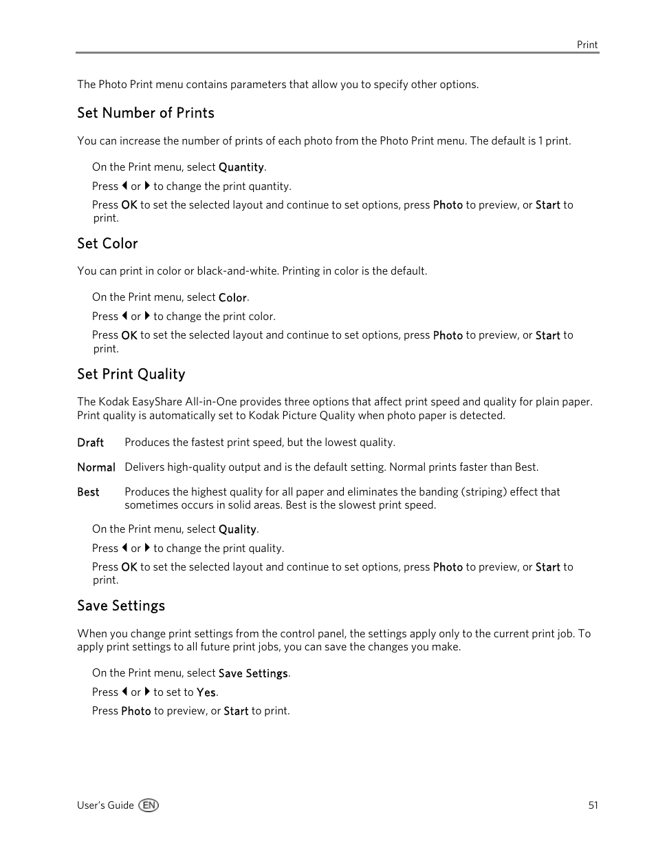 Set number of prints, Set color, Set print quality | Save settings | Kodak 5300 User Manual | Page 55 / 106