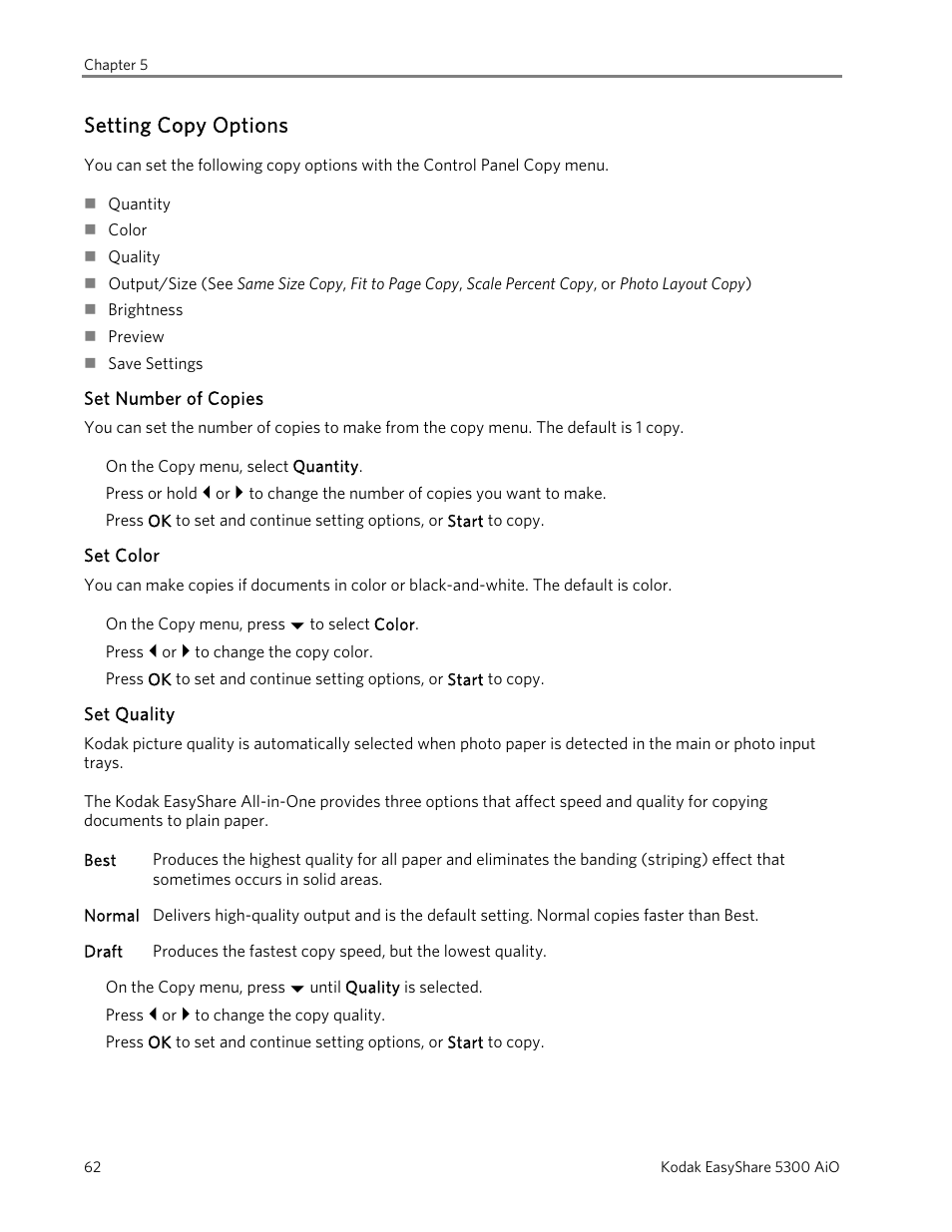 Setting copy options, Set number of copies, Set color | Set quality | Kodak 5300 User Manual | Page 66 / 106