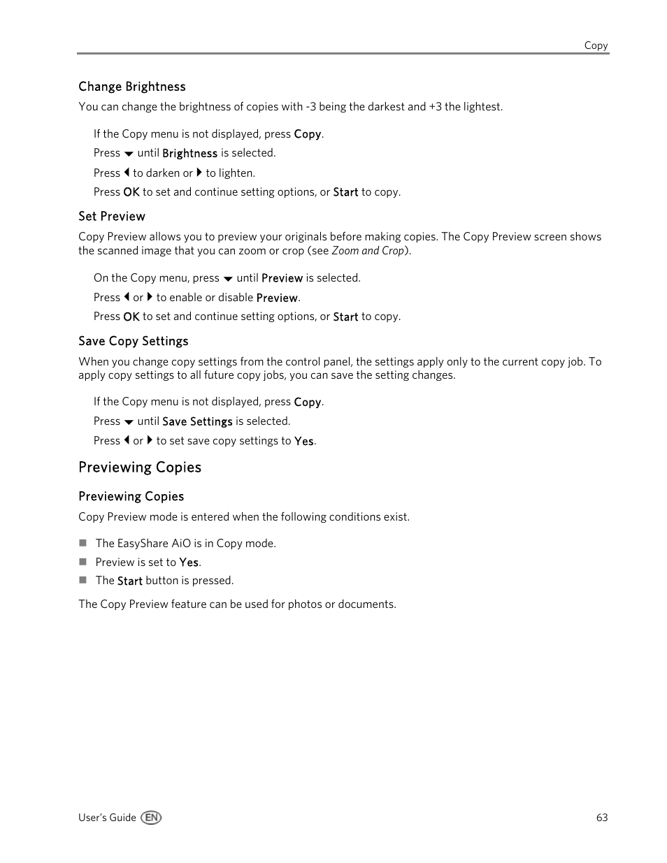 Change brightness, Set preview, Save copy settings | Previewing copies | Kodak 5300 User Manual | Page 67 / 106