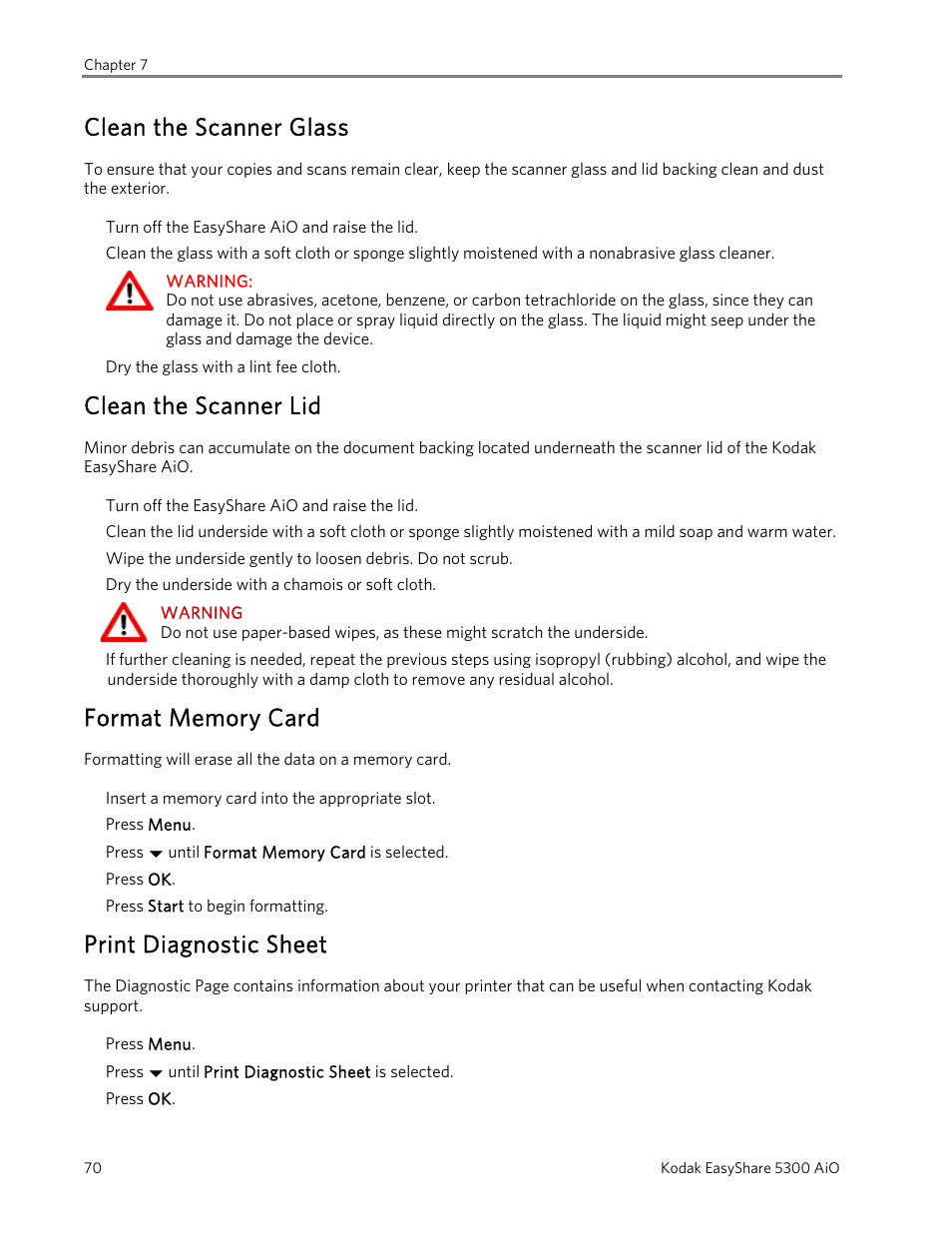 Clean the scanner glass, Clean the scanner lid, Format memory card | Print diagnostic sheet | Kodak 5300 User Manual | Page 74 / 106