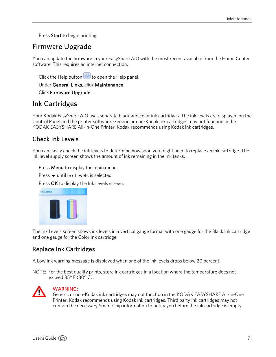 Firmware upgrade, Ink cartridges, Check ink levels | Replace ink cartridges | Kodak 5300 User Manual | Page 75 / 106